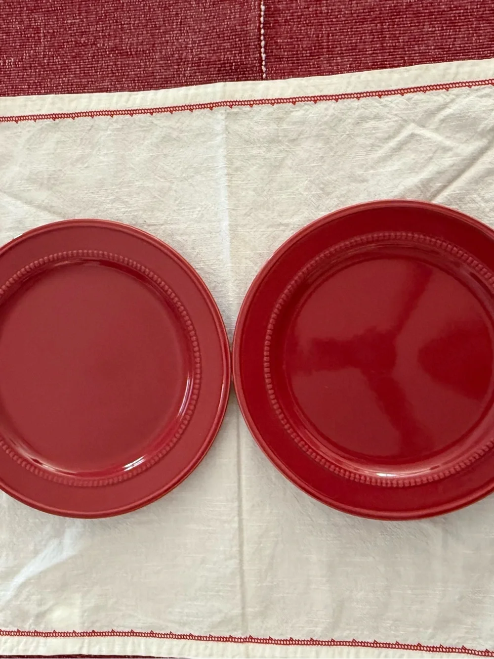 Vintage Hearth and Hand Red Stoneware Dinner Salad Plates and 4 brass stir spoon